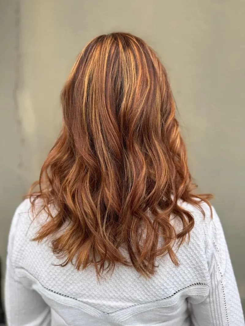 Cheveux longs ondulés roux profond avec des mèches lumineuses, vus de dos