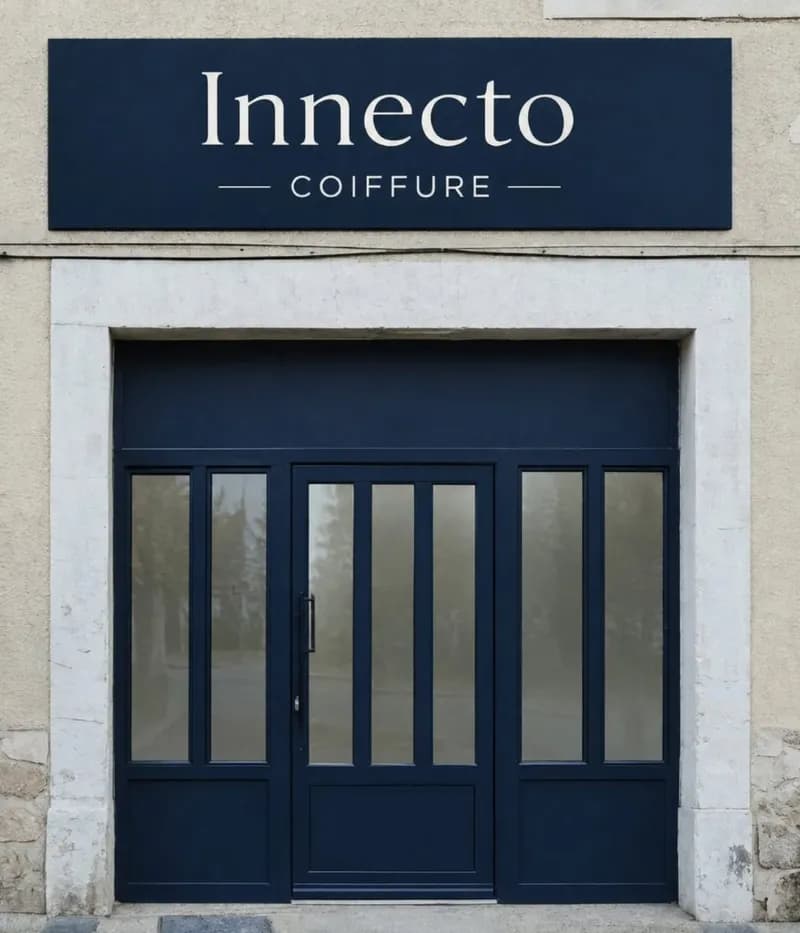 La façade du salon Innecto Coiffure : enseigne bleu nuit au-dessus d'une porte vitrée bleu nuit